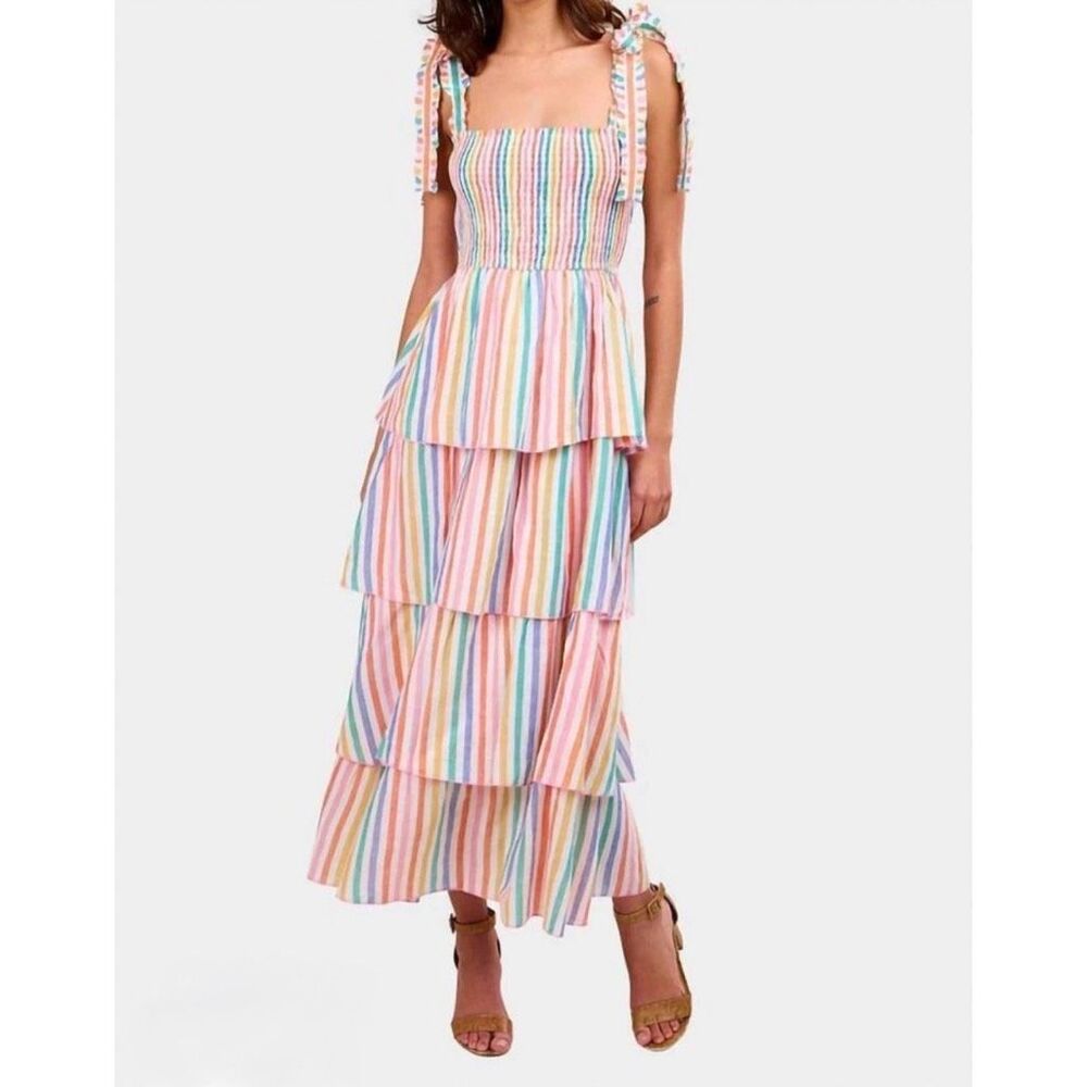 Pink City Prints Rainbow Stripe Zazie Smocked Tie Shoulder Midi Dress Medium